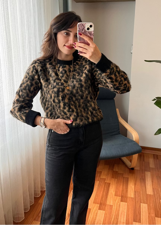 SİYAH CAMEL LEOPAR DESEN KAZAK