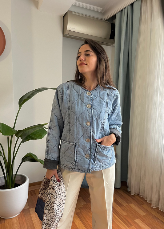 BAYAN DOLGULU CEKET MAVİ (Fular ürüne dahildir)