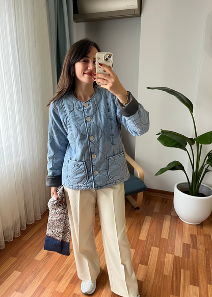 BAYAN DOLGULU CEKET MAVİ (Fular ürüne dahildir)