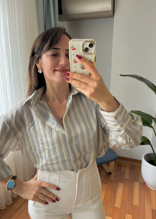 MAVİ - KREM ÇİZGİLİ GÖMLEK