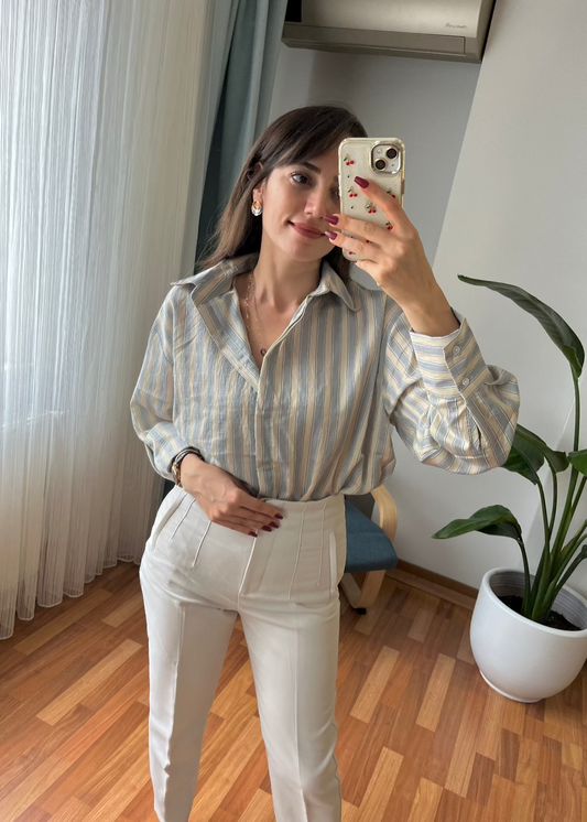 MAVİ - KREM ÇİZGİLİ GÖMLEK