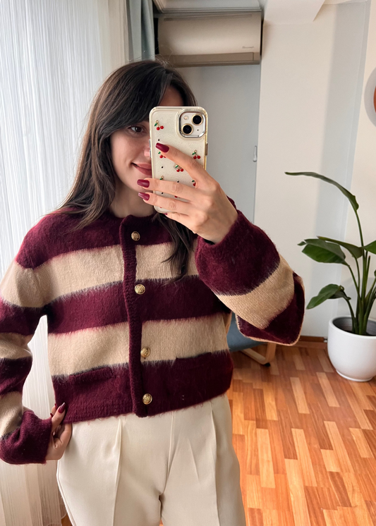 BORDE BEJ İKİ RENKLİ HIRKA