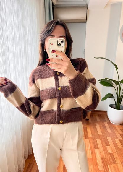 KOYU KAHVE BEJ İKİ RENKLİ HIRKA