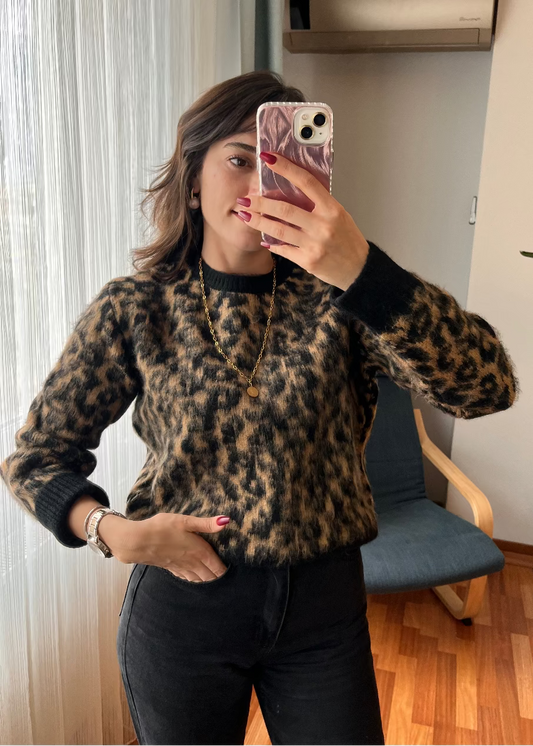 SİYAH CAMEL LEOPAR DESEN KAZAK