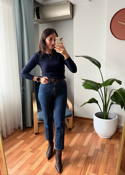 LACİVERT BİSİKLET YAKA FİTİL ÖRGÜ KAZAK