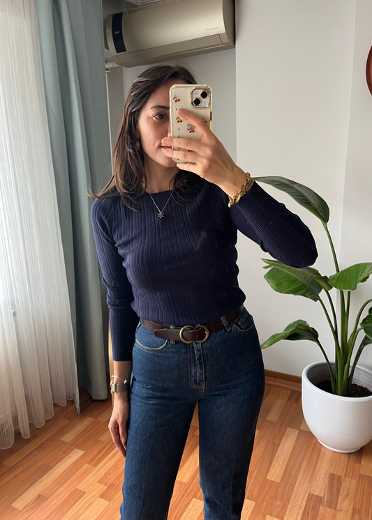 LACİVERT BİSİKLET YAKA FİTİL ÖRGÜ KAZAK